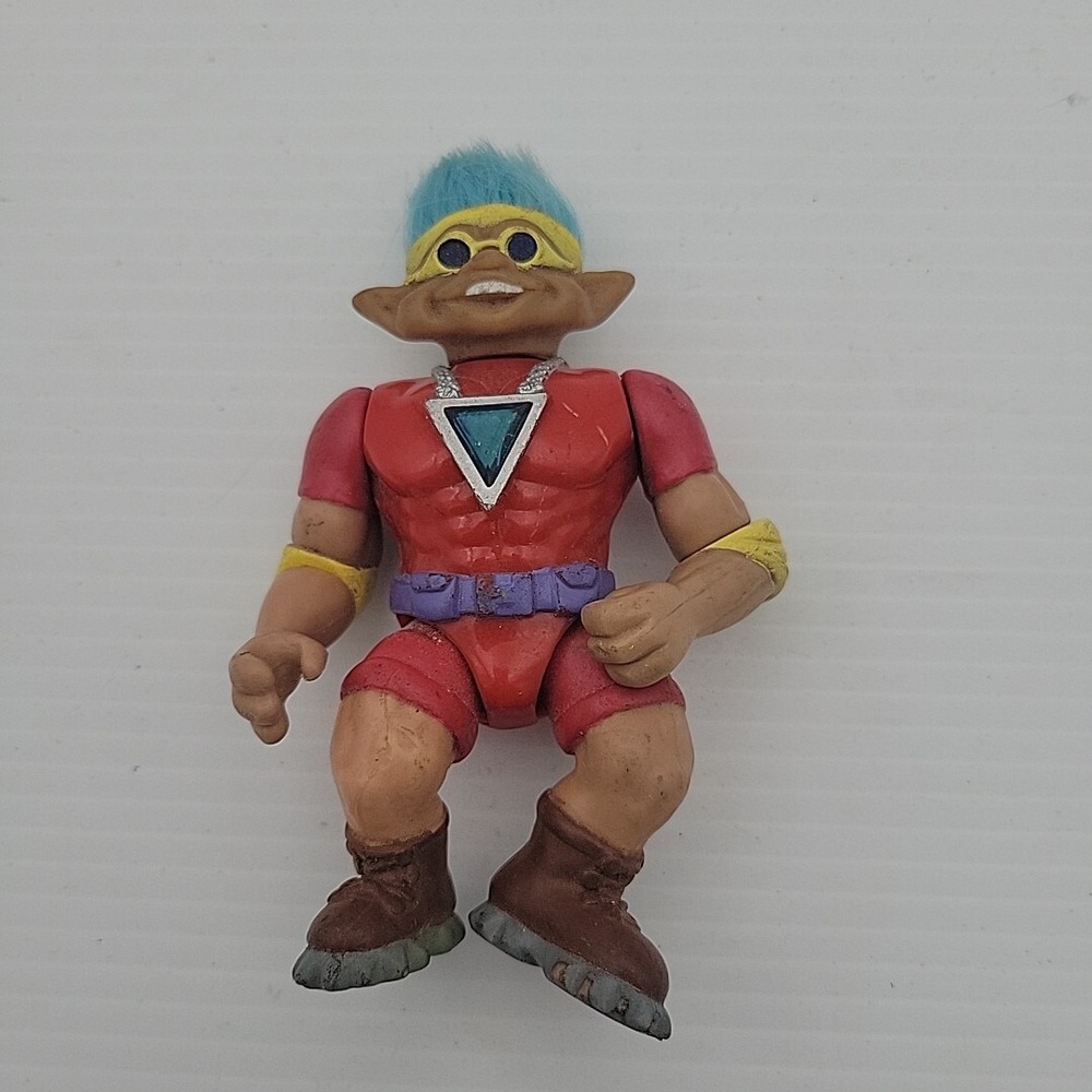 Vintage Ace Novelty Muscle Treasure Troll Blue Hair 1992 Red Suit Yellow 5in